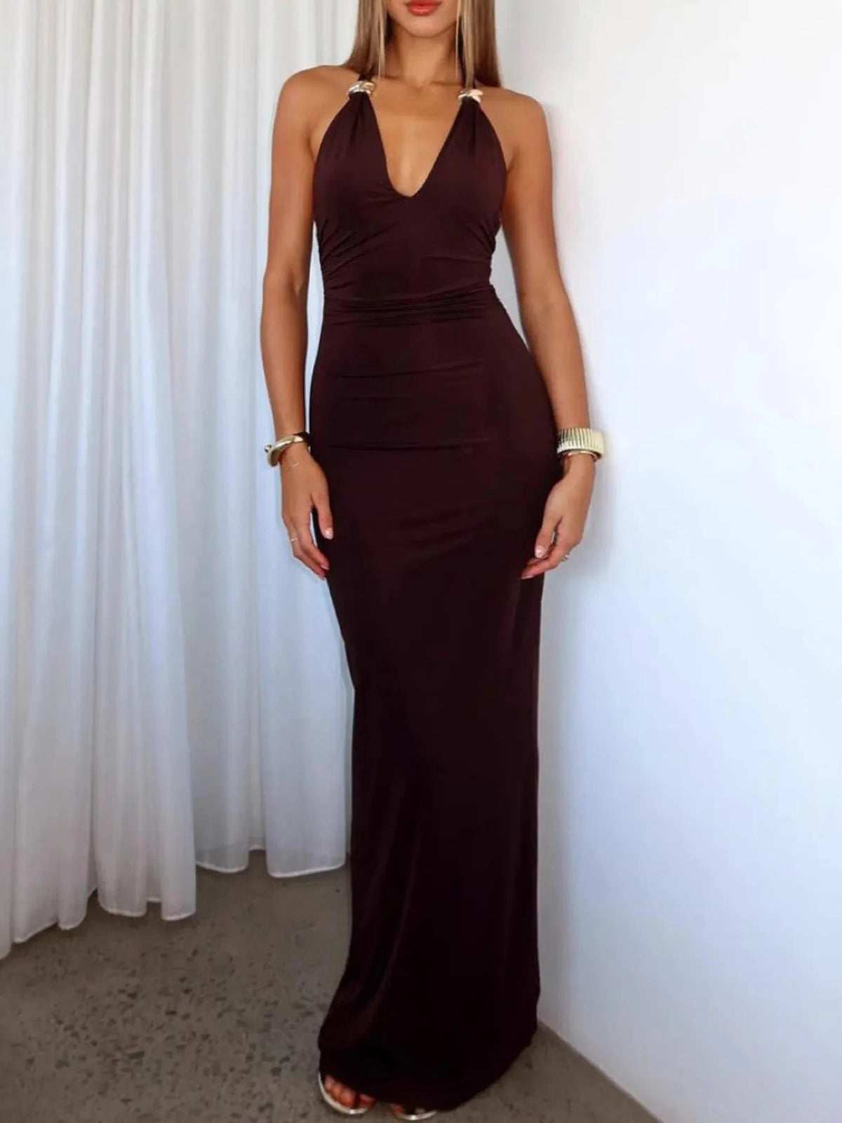 Slit Back Halter Neck Maxi Dress Wine Red / S