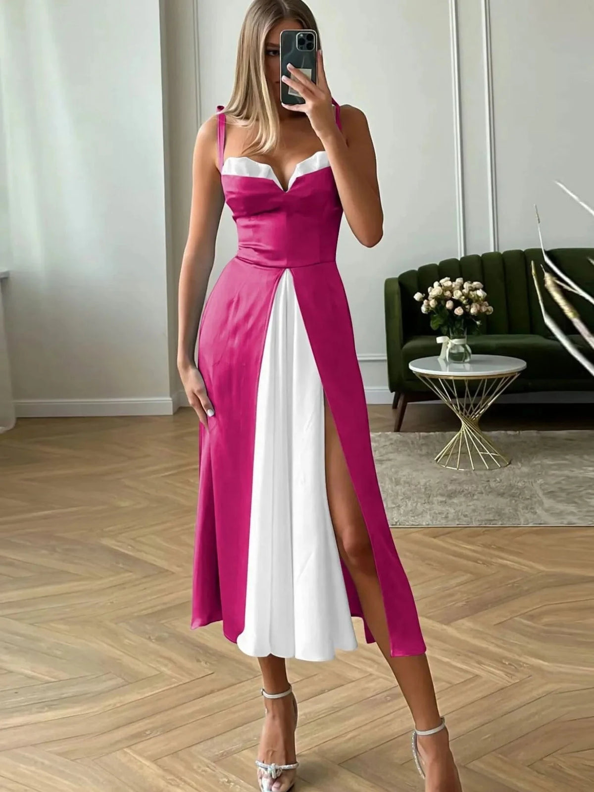 Slit Contrast Sweetheart Neck Midi Dress Rose Red / S