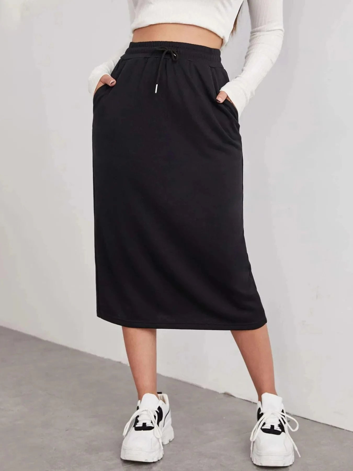 Slit Drawstring Midi Skirt Black / S