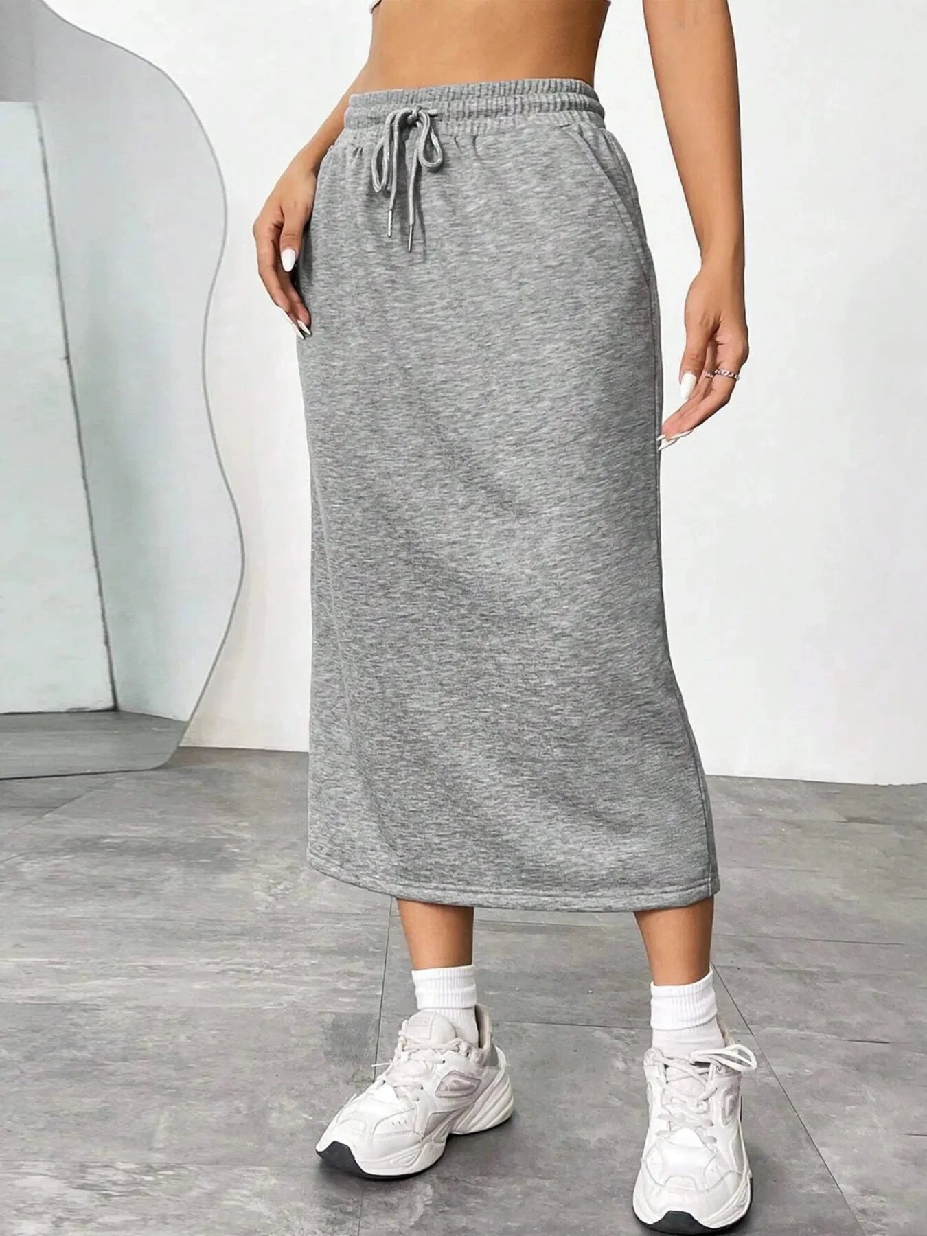 Slit Drawstring Midi Skirt Grey / S