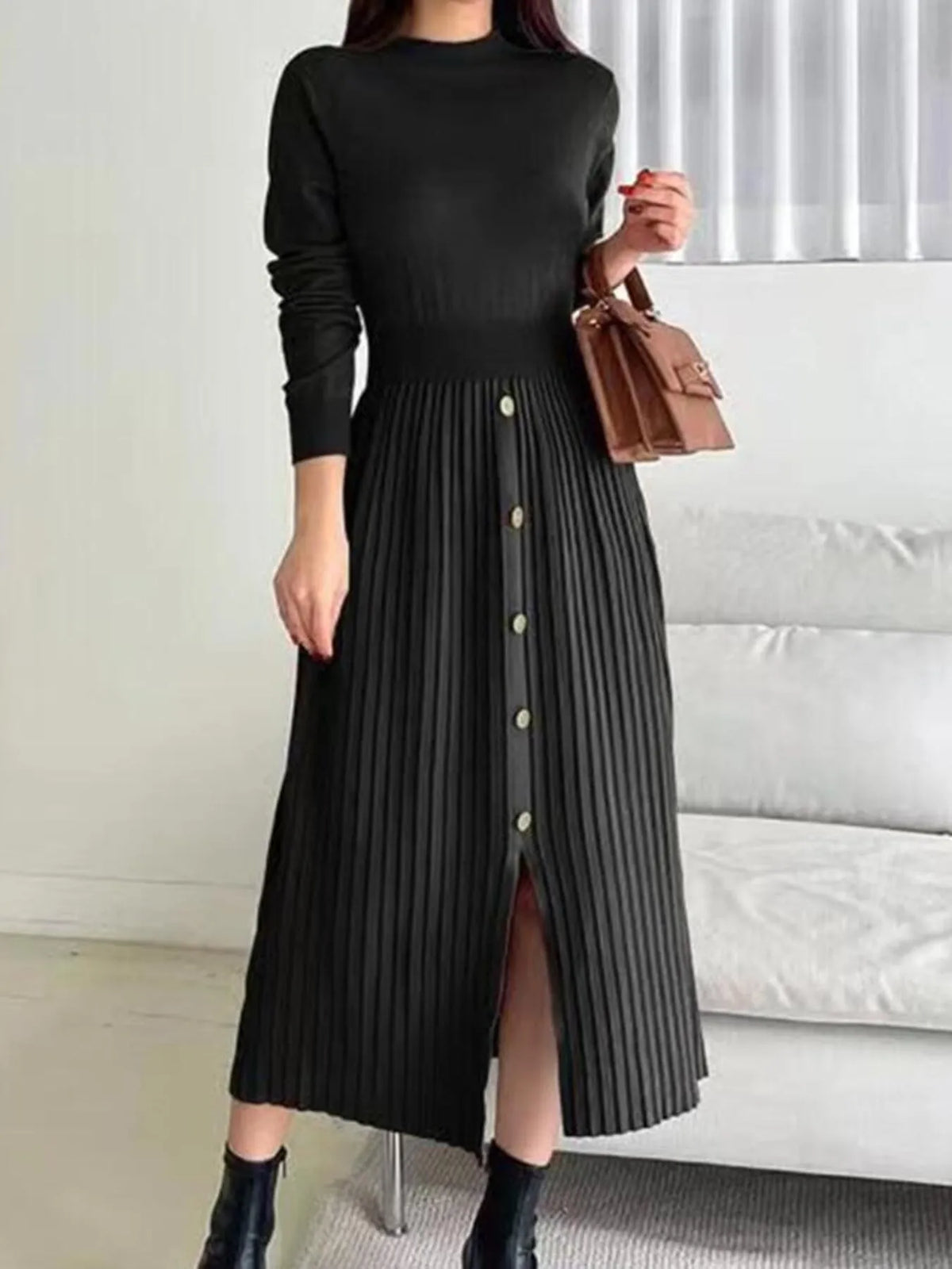 Slit Front Mock Neck Long Sleeve Knit Dress Black / S