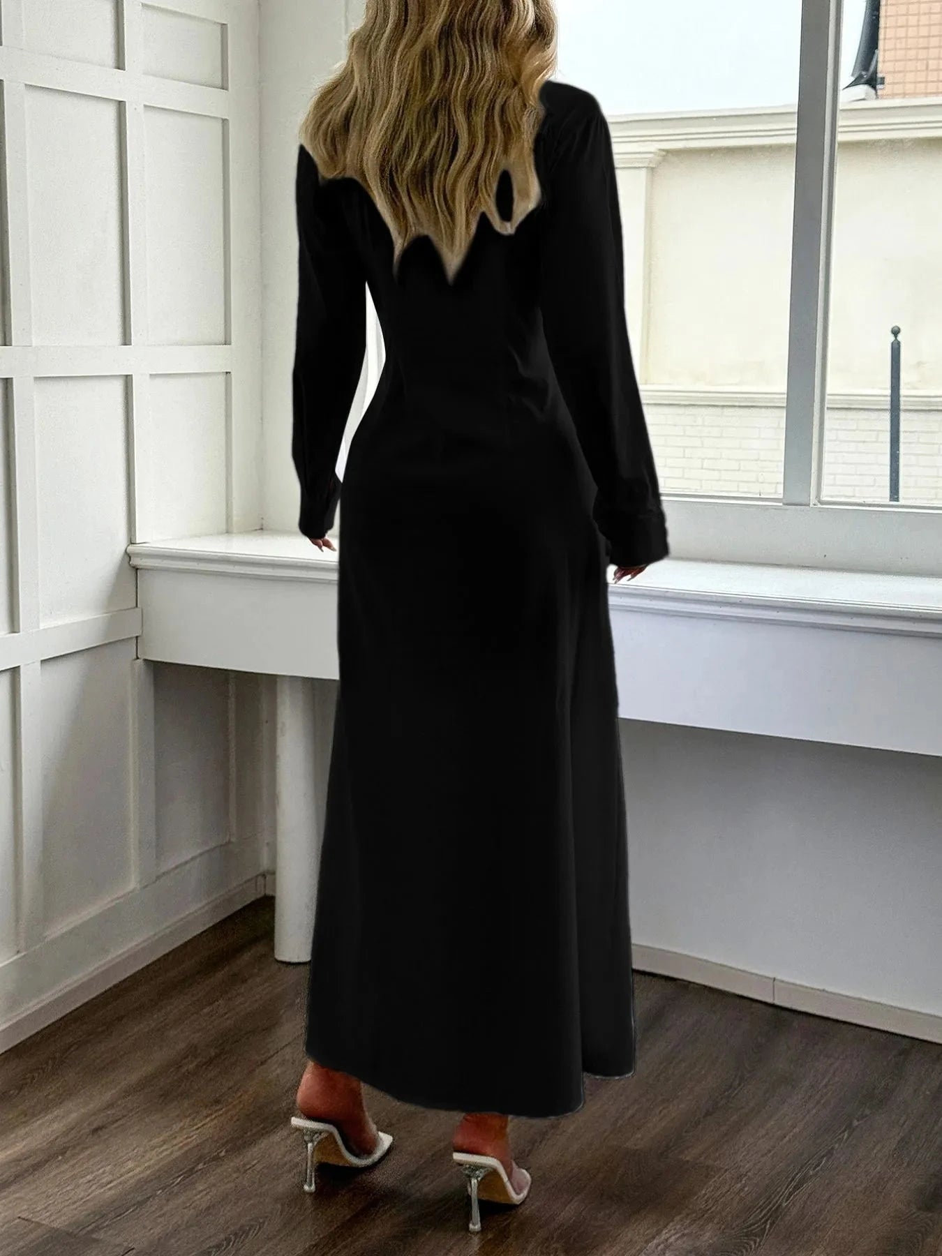 Slit Long Sleeve Maxi Shirt Dress