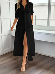 Slit Long Sleeve Maxi Shirt Dress