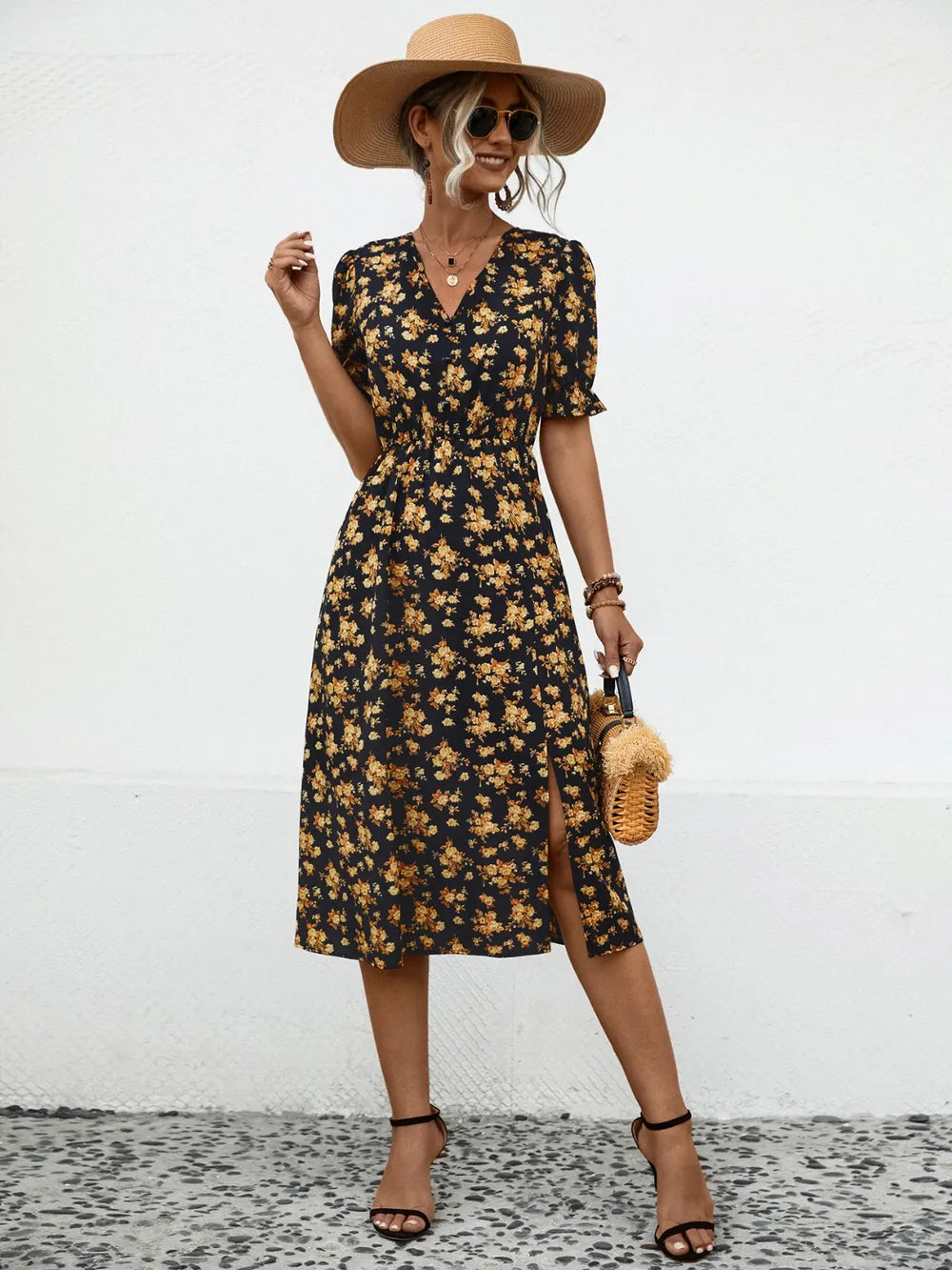 Slit Printed V-Neck Short Sleeve Dress Black / S