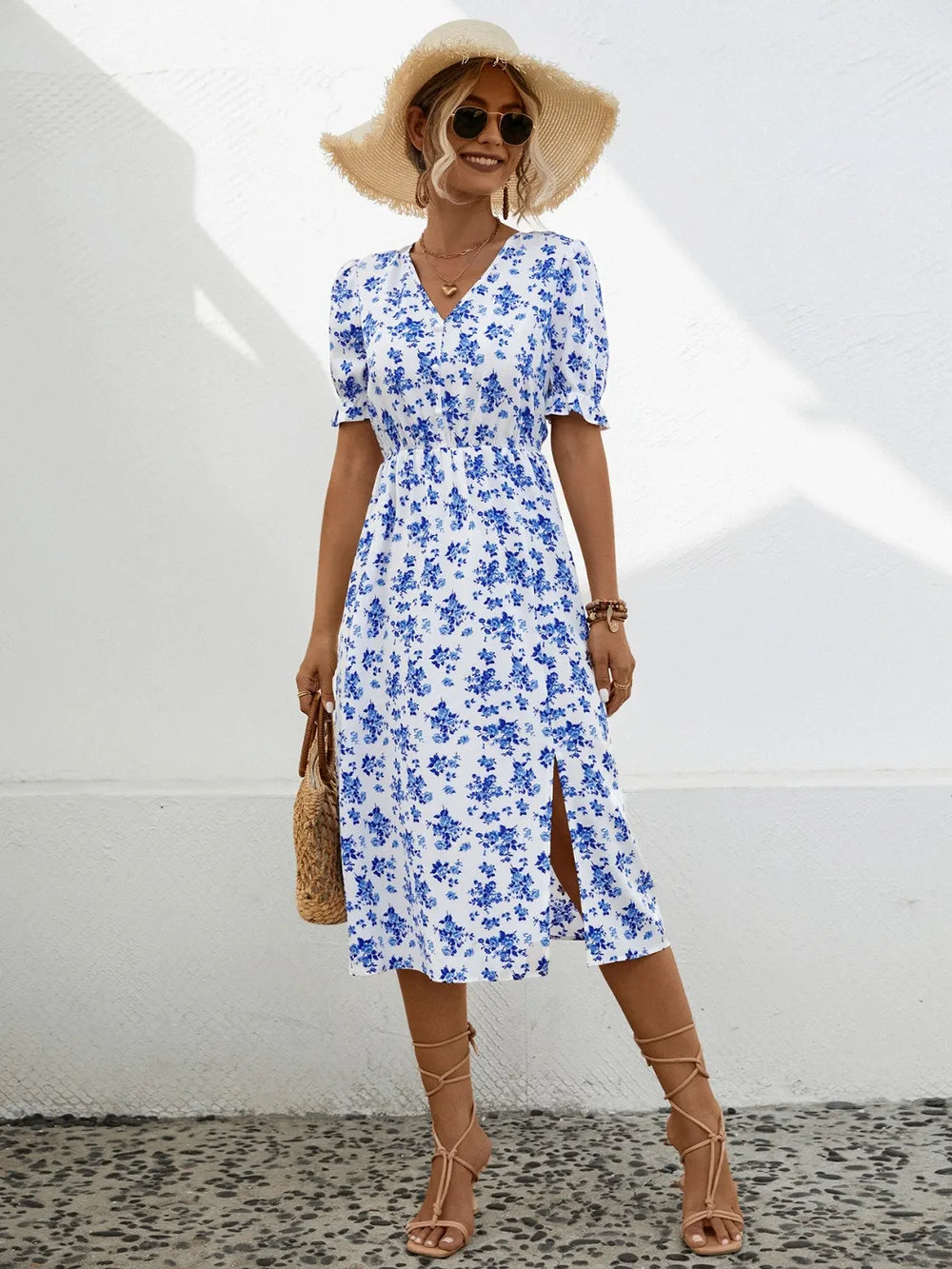 Slit Printed V-Neck Short Sleeve Dress White / S