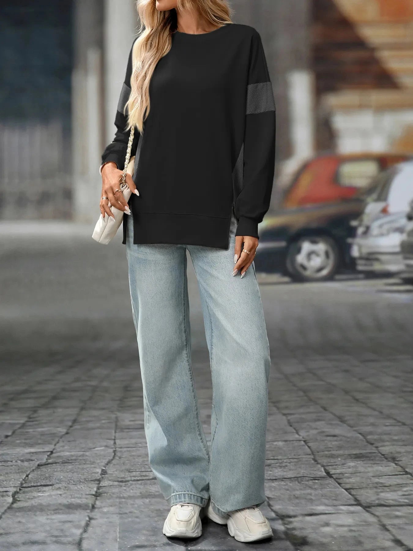 Slit Round Neck Long Sleeve Sweatshirt