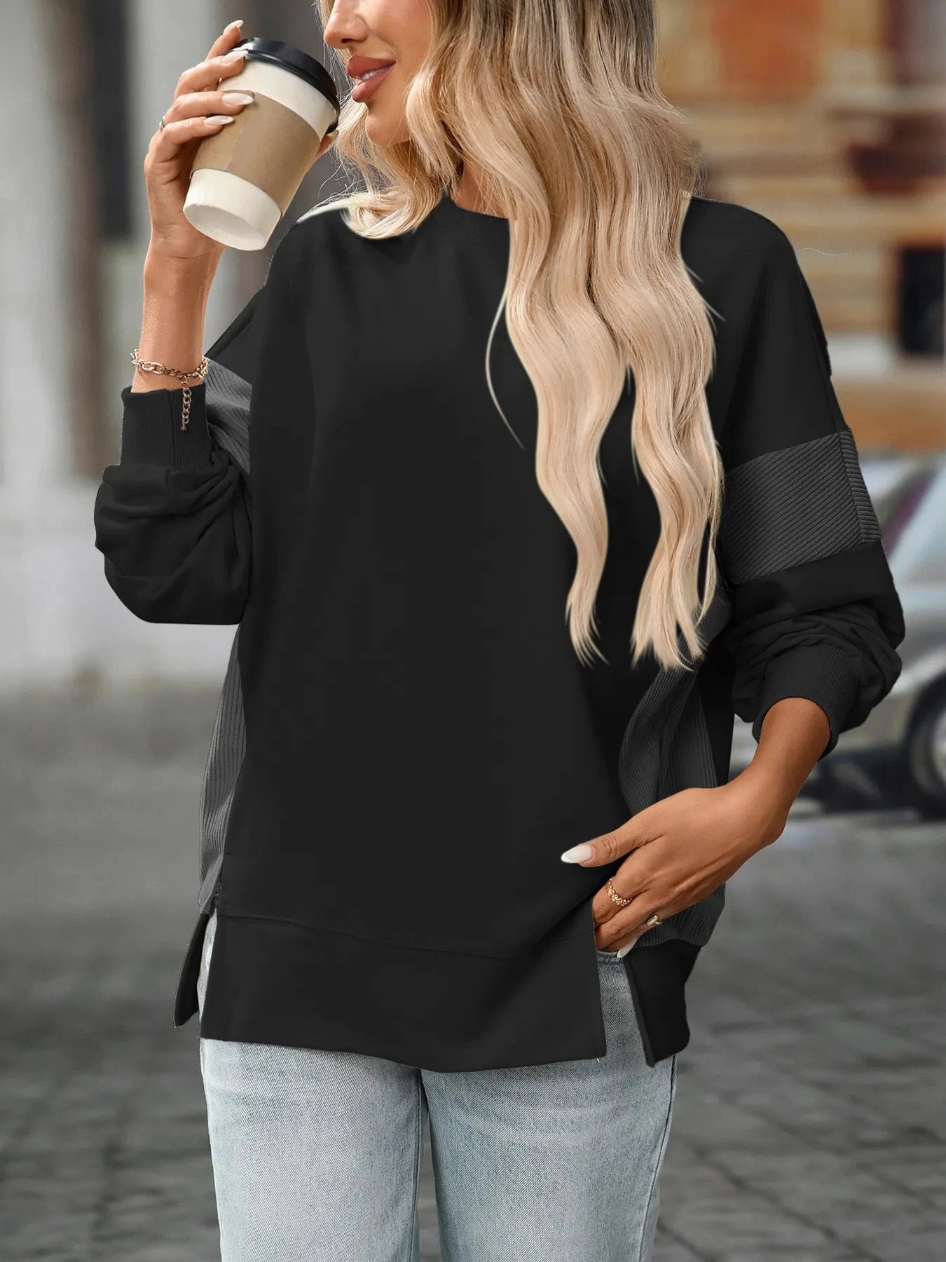 Slit Round Neck Long Sleeve Sweatshirt