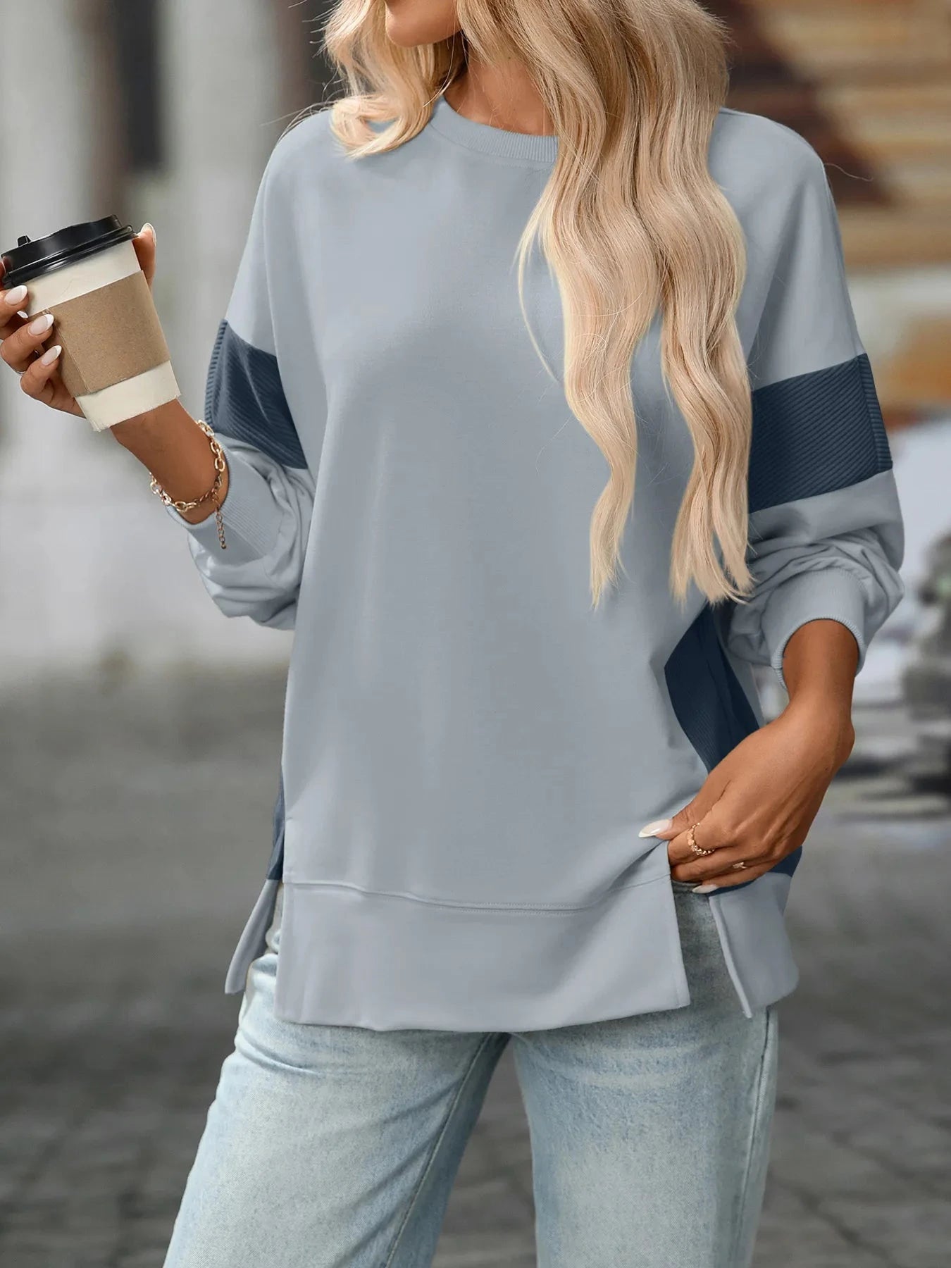 Slit Round Neck Long Sleeve Sweatshirt