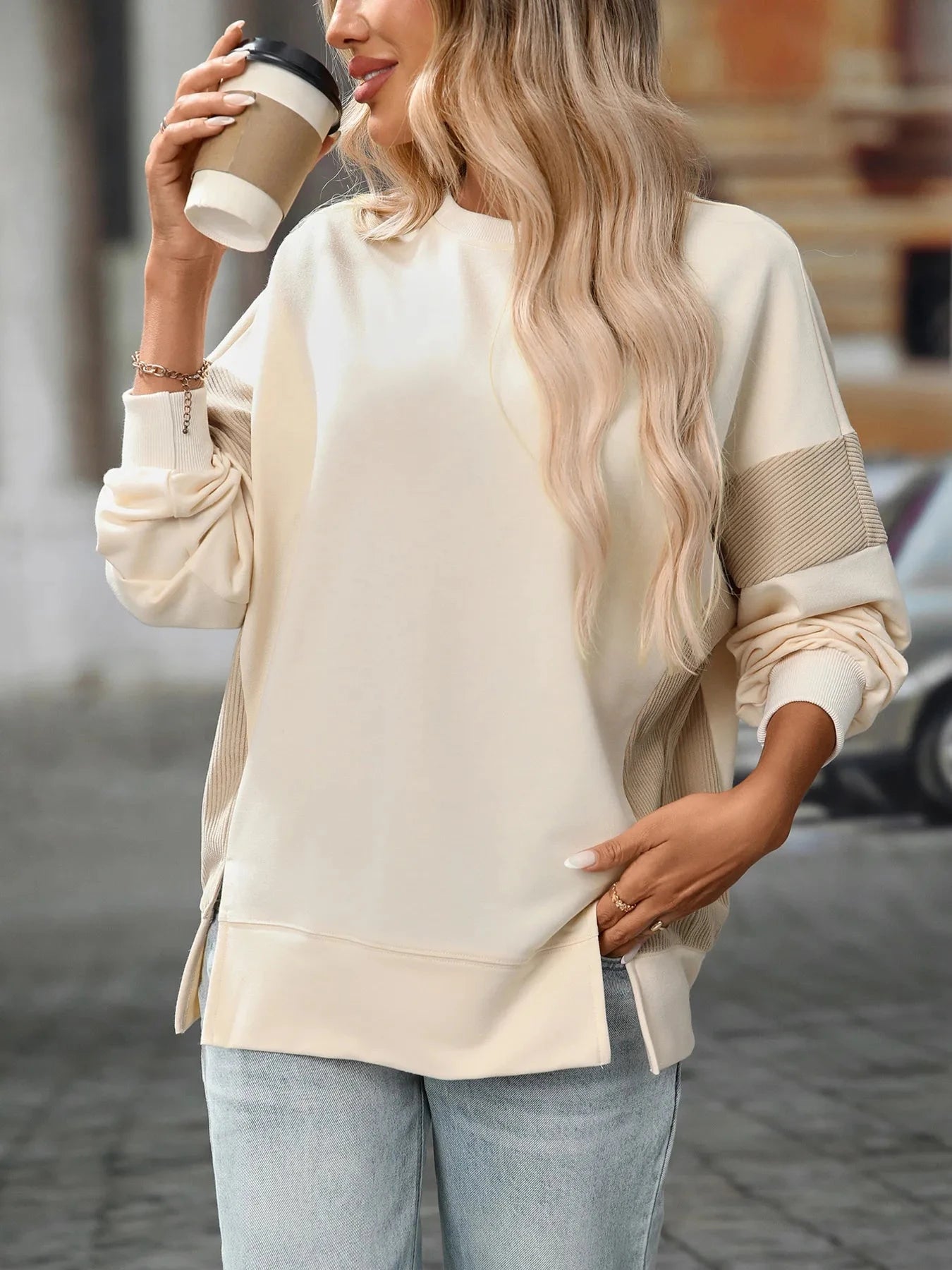 Slit Round Neck Long Sleeve Sweatshirt