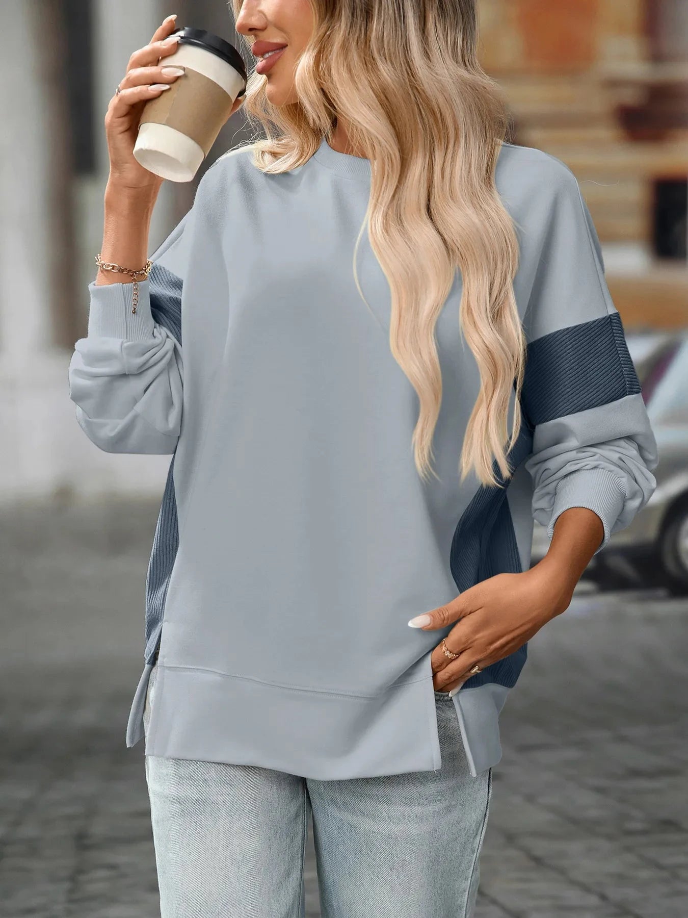 Slit Round Neck Long Sleeve Sweatshirt