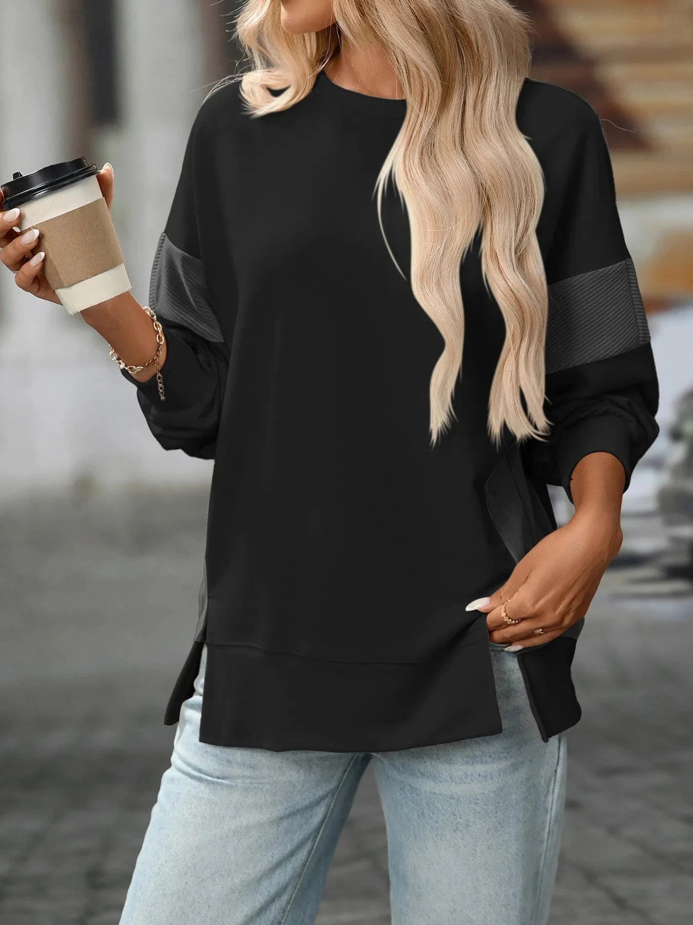Slit Round Neck Long Sleeve Sweatshirt