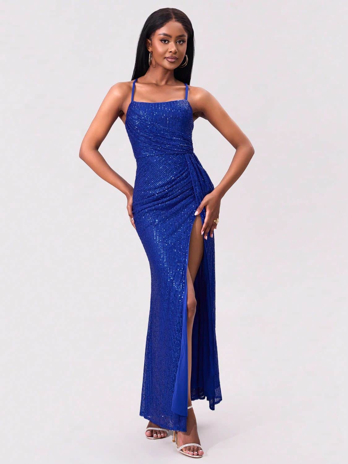 Slit Sequin Square Neck Spaghetti Strap Dress Royal Blue / S