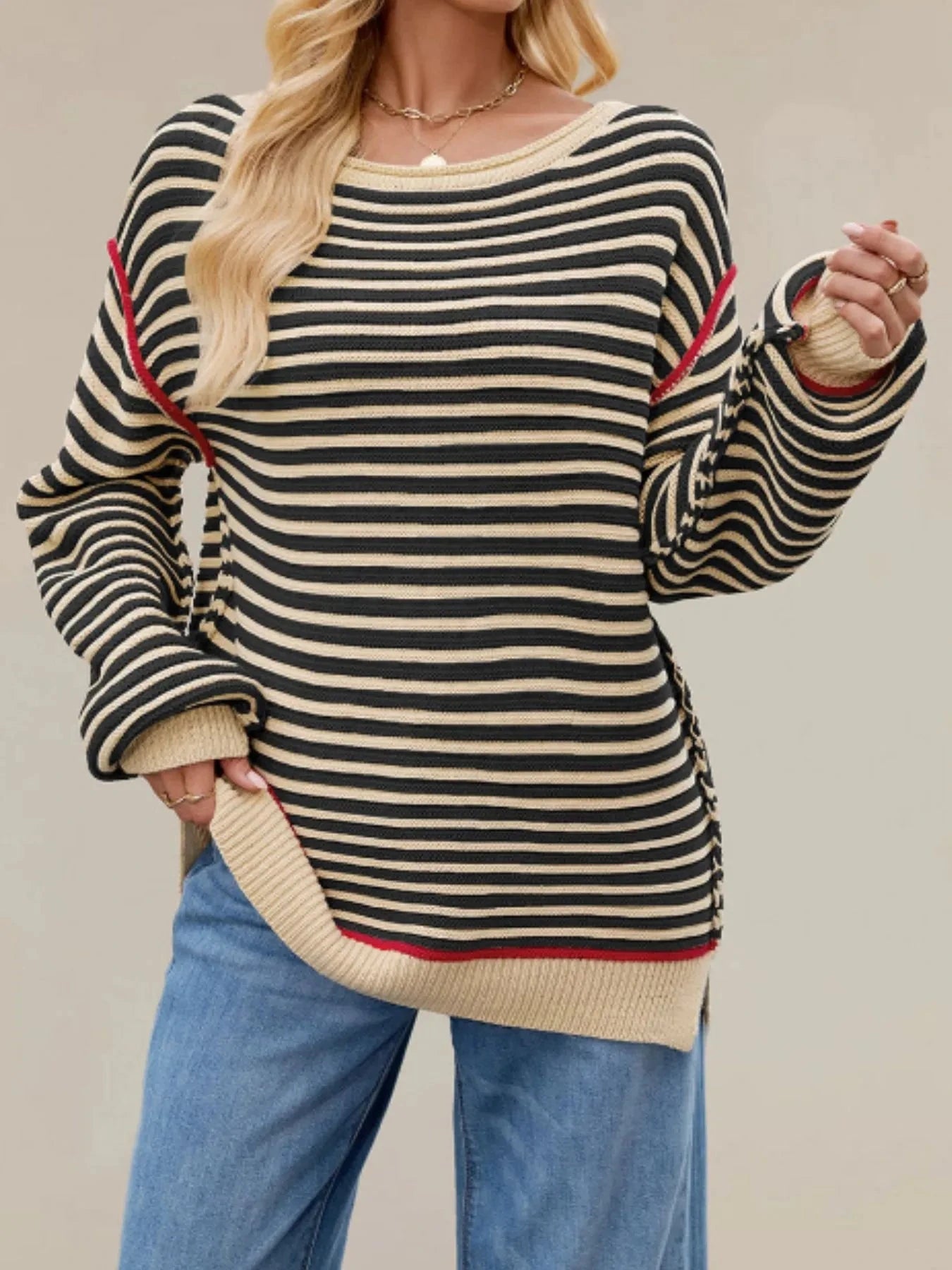 Slit Striped Oversized Sweater Apricot / S