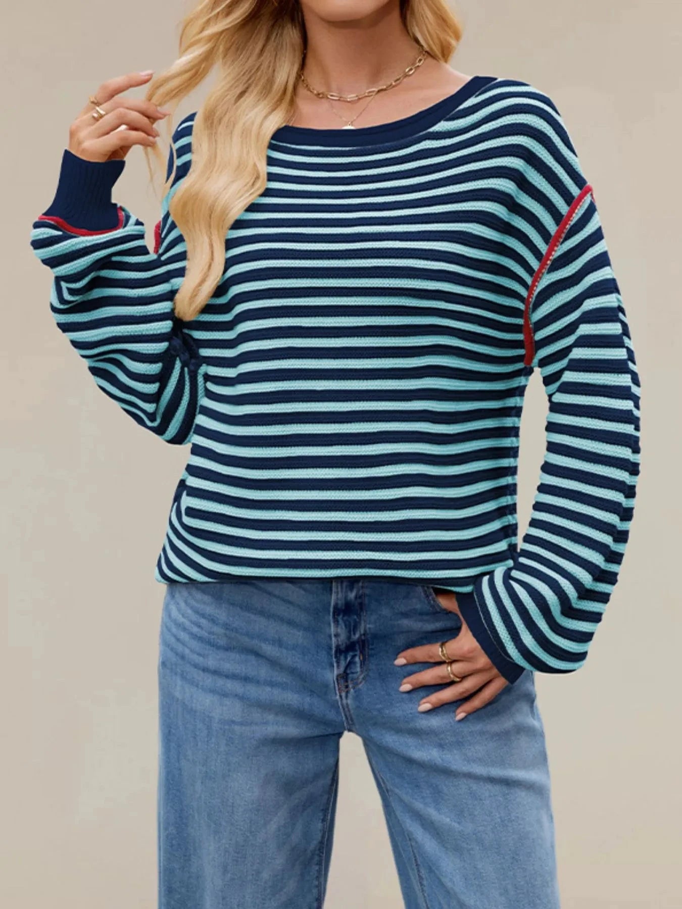 Slit Striped Oversized Sweater Navy Blue / S