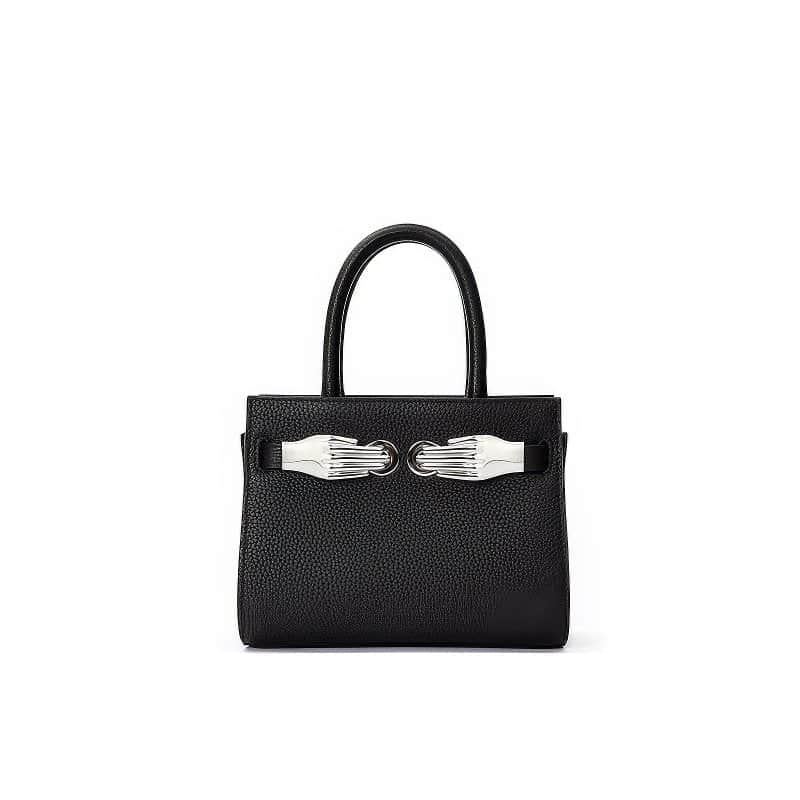 Small Black Top Handle Bag with Unique Silver Tone Hand Clasp Black