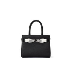 Small Black Top Handle Bag with Unique Silver Tone Hand Clasp Black