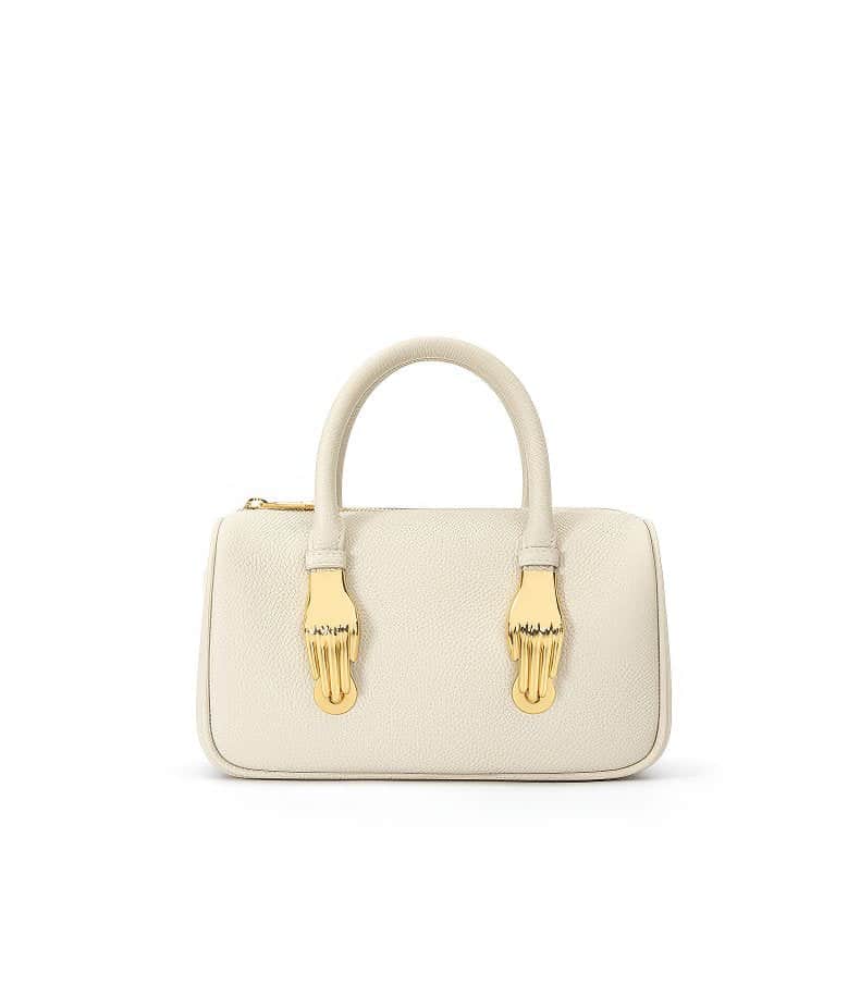 Small Off-White Top Handle Bag with Unique Gold Tone Hand Sculptures Beige