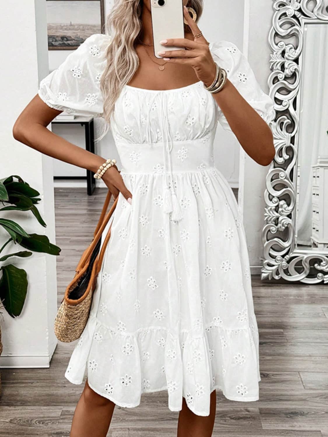 Smocked Eyelet Square Neck Puff Sleeve Mini Dress