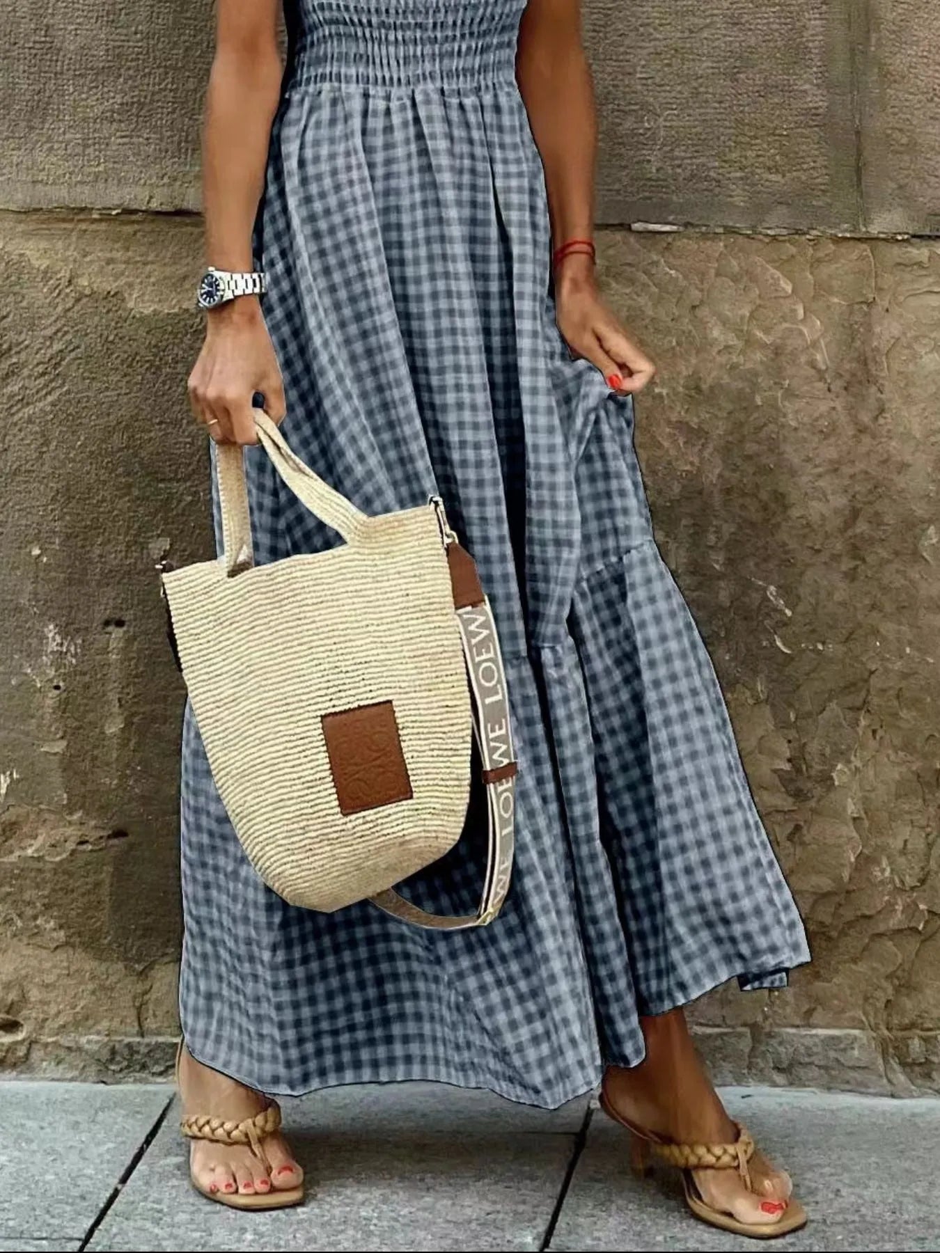 Smocked Gingham Maxi Dress with Ruffle Straps