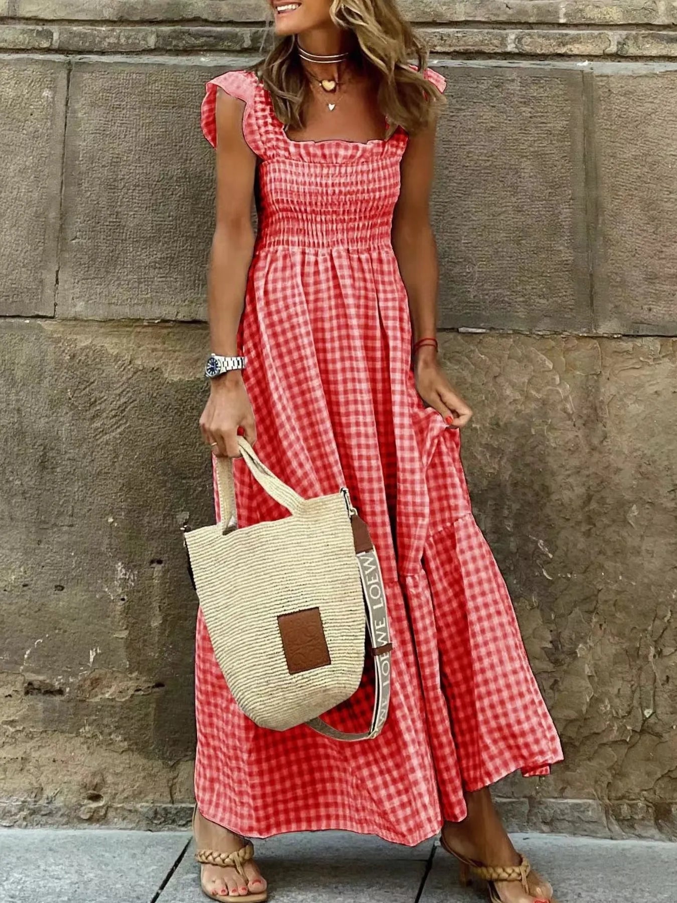 Smocked Gingham Maxi Dress with Ruffle Straps Red / S