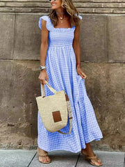 Smocked Gingham Maxi Dress with Ruffle Straps Sky Blue / S