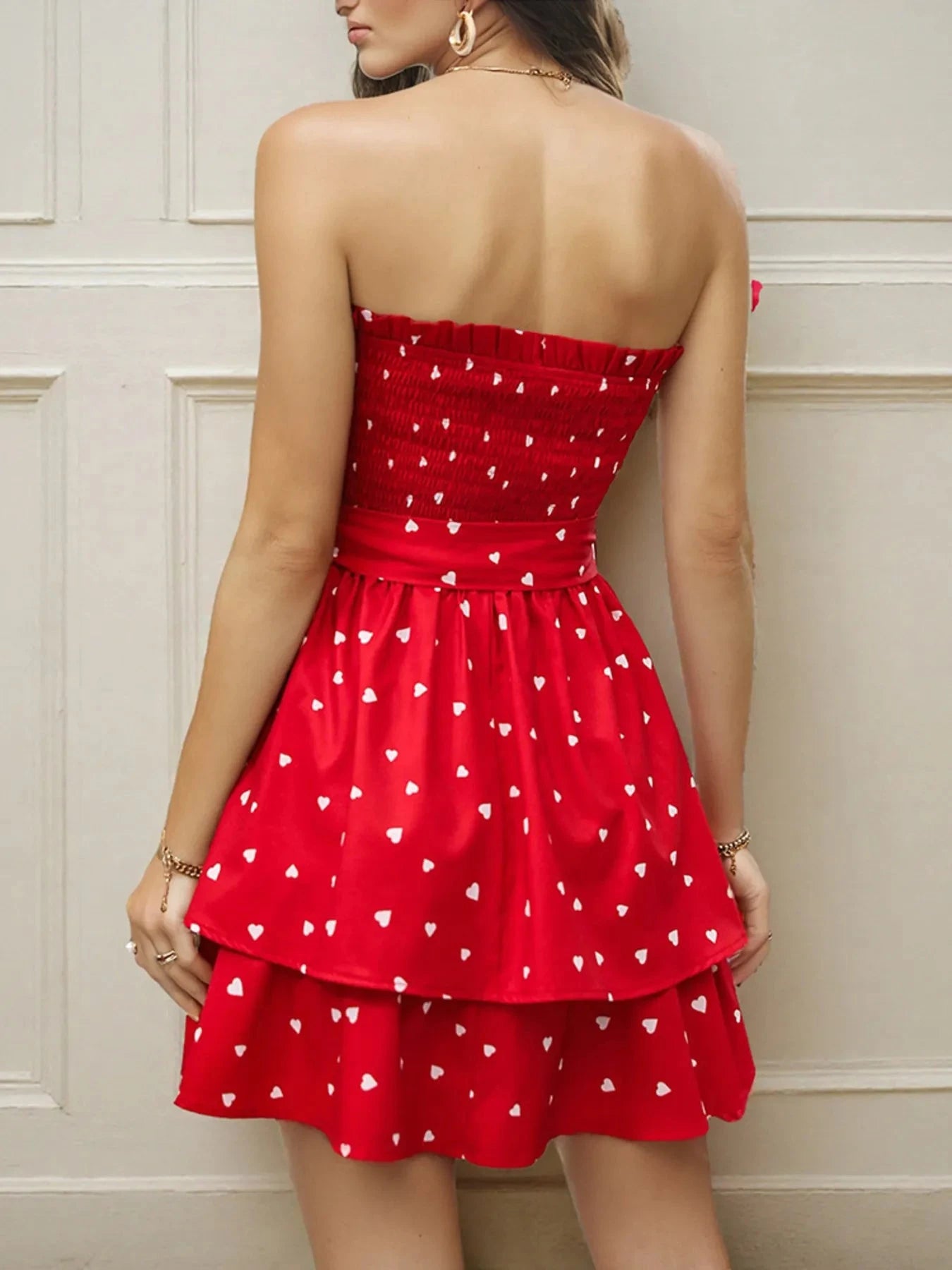 Smocked Heart Print Tube Dress