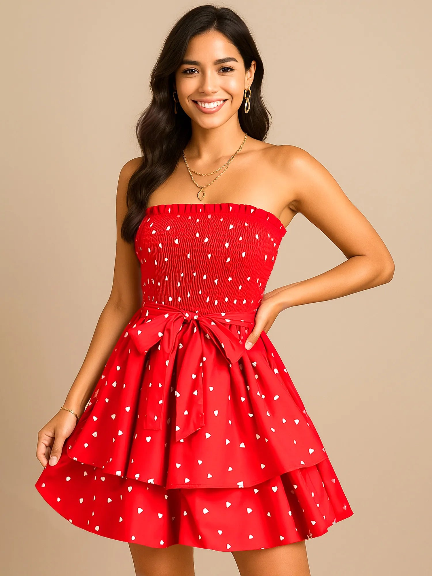 Smocked Heart Print Tube Dress Red / S