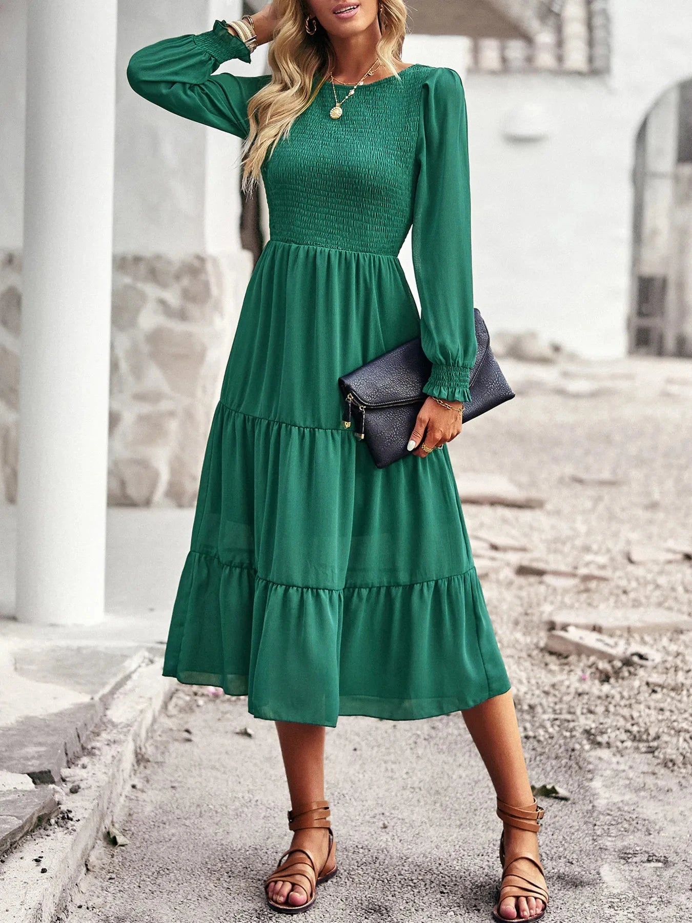 Smocked Long Sleeve Tiered Dress Green / S