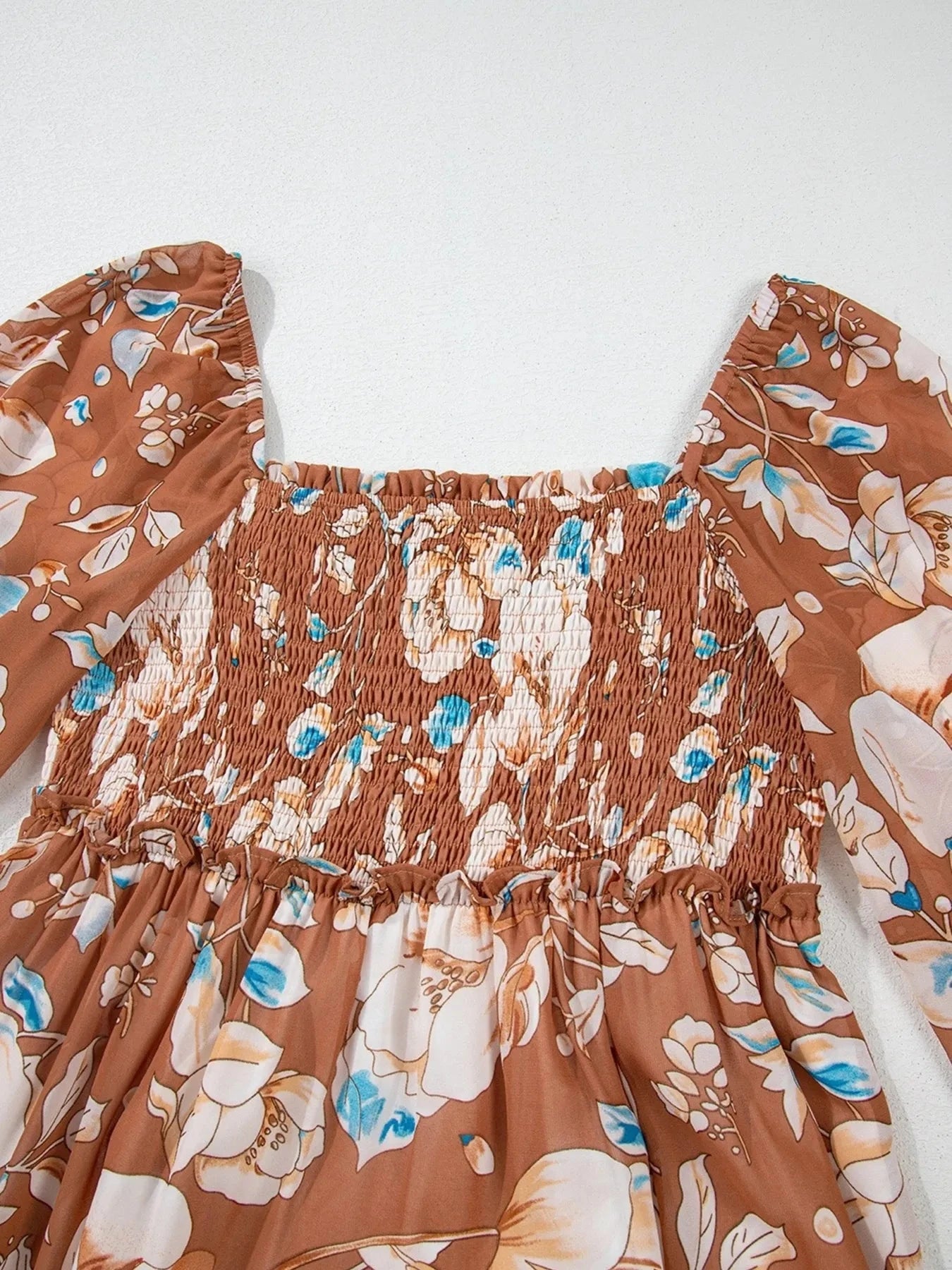 Smocked Printed Long Sleeve Tiered Dress