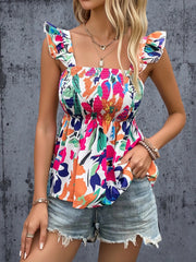 Smocked Printed Ruffled Blouse