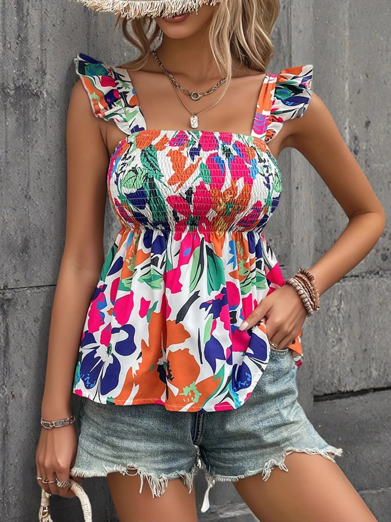 Smocked Printed Ruffled Blouse Hot Pink / S