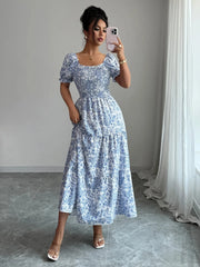 Smocked Printed Short Sleeve Dress