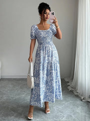 Smocked Printed Short Sleeve Dress Light Blue / S