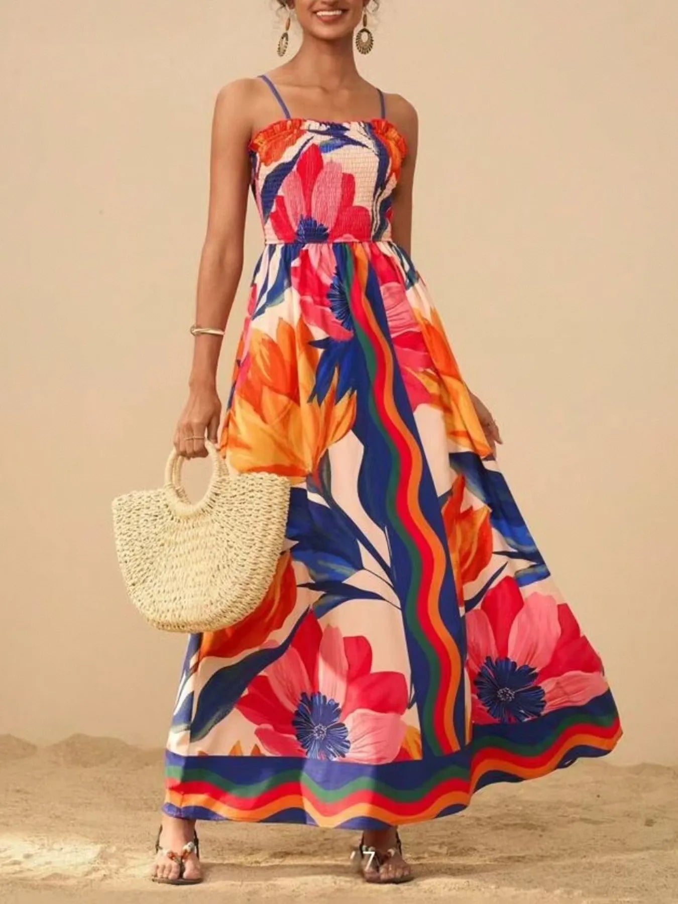 Smocked Printed Spaghetti Strap Maxi Summer Dress Red / S