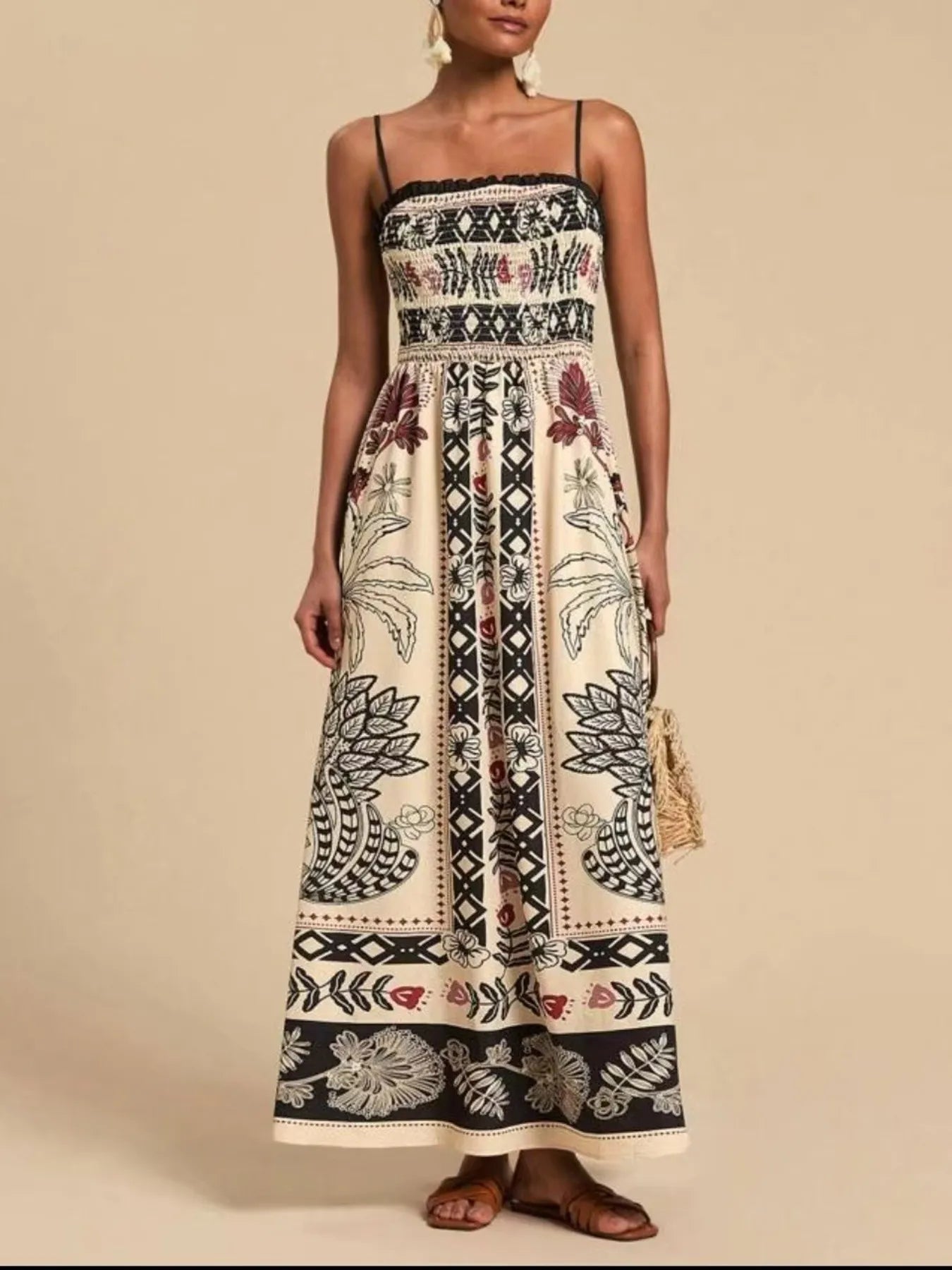 Smocked Printed Spaghetti Strap Maxi Summer Dress White / S