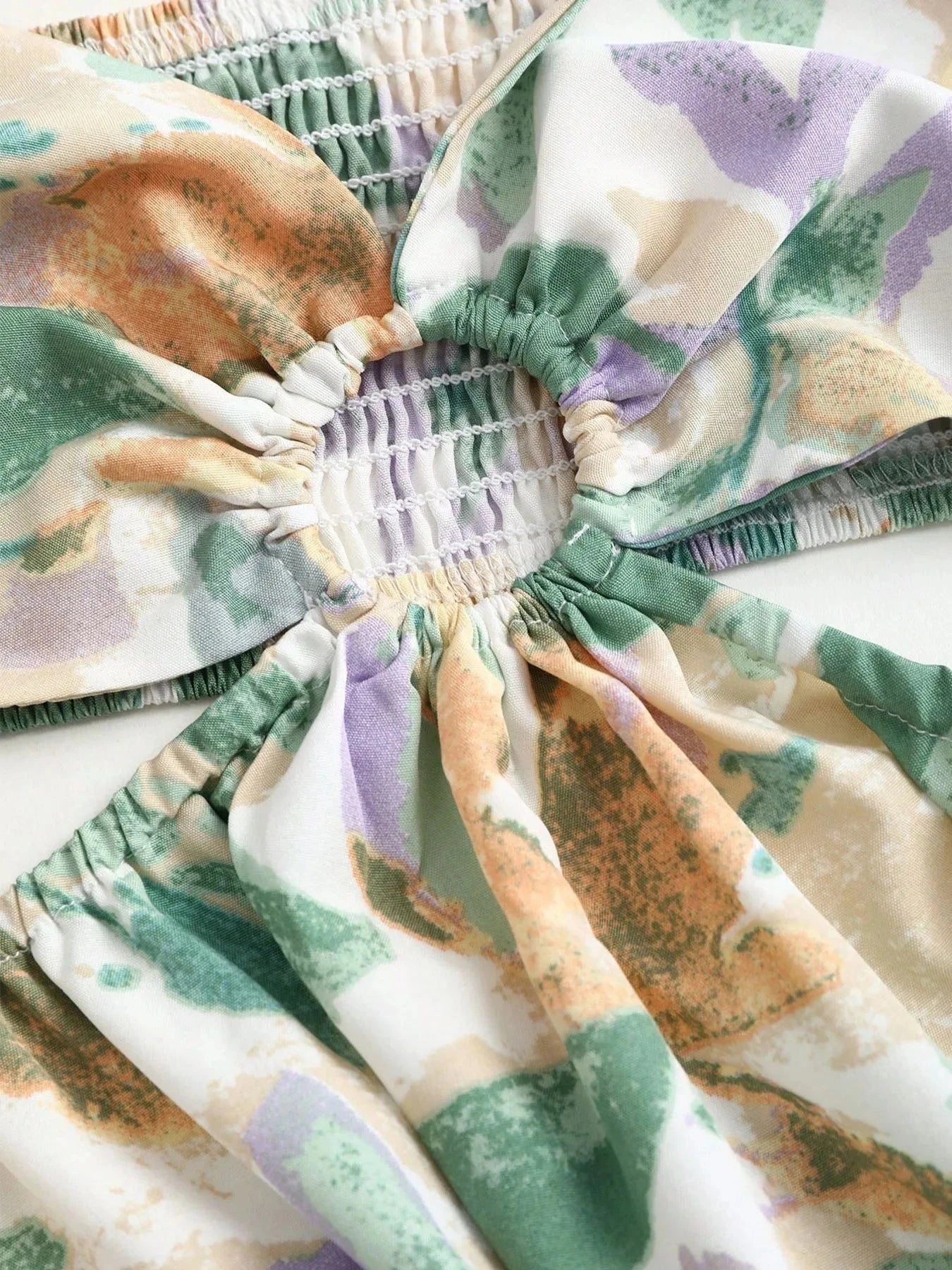 Smocked Printed Tie-Shoulder Dress