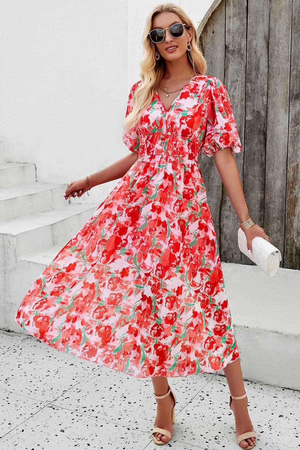 Smocked Printed V-Neck Short Sleeve Dress Strawberry / S