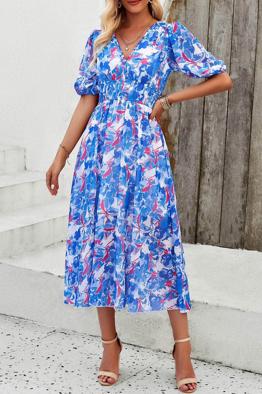 Smocked Printed V-Neck Short Sleeve Dress Ultra marine / S