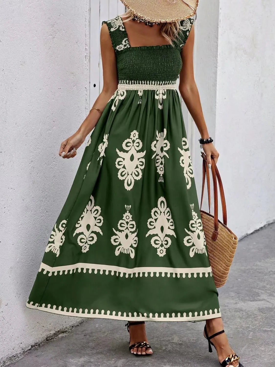 Smocked Printed Wide Strap Maxi Dress Dark Green / S