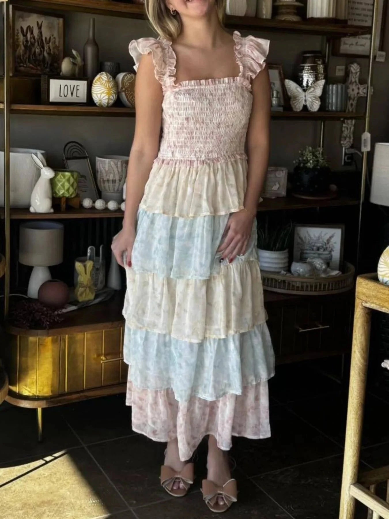 Smocked Ruffle Layered Floral Midi Dress