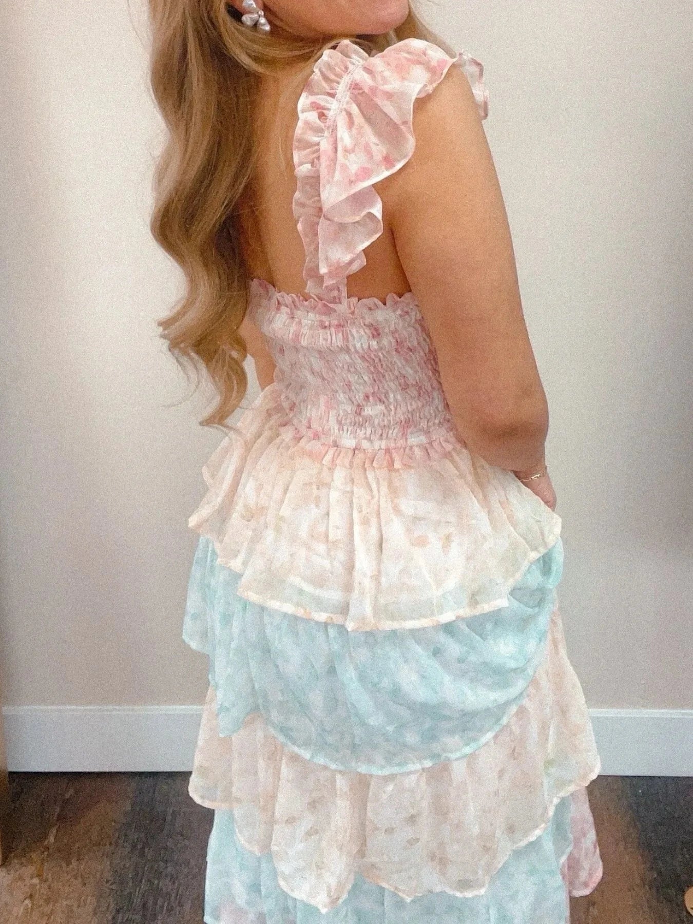 Smocked Ruffle Layered Floral Midi Dress