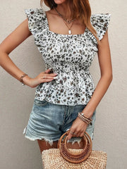 Smocked Square Neck Ruffled Cap Sleeve Blouse