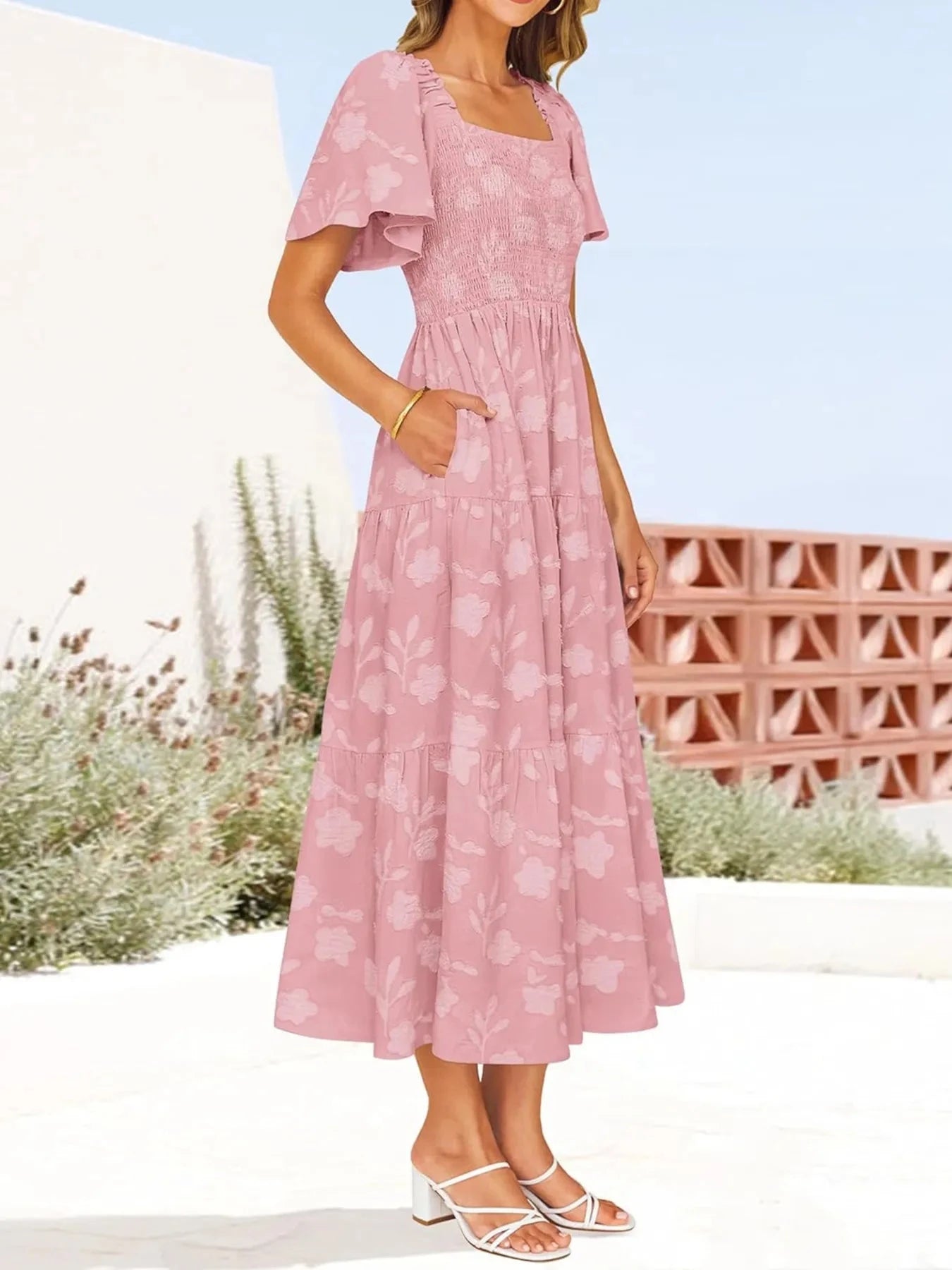 Smocked Square Neck Short Sleeve Dress