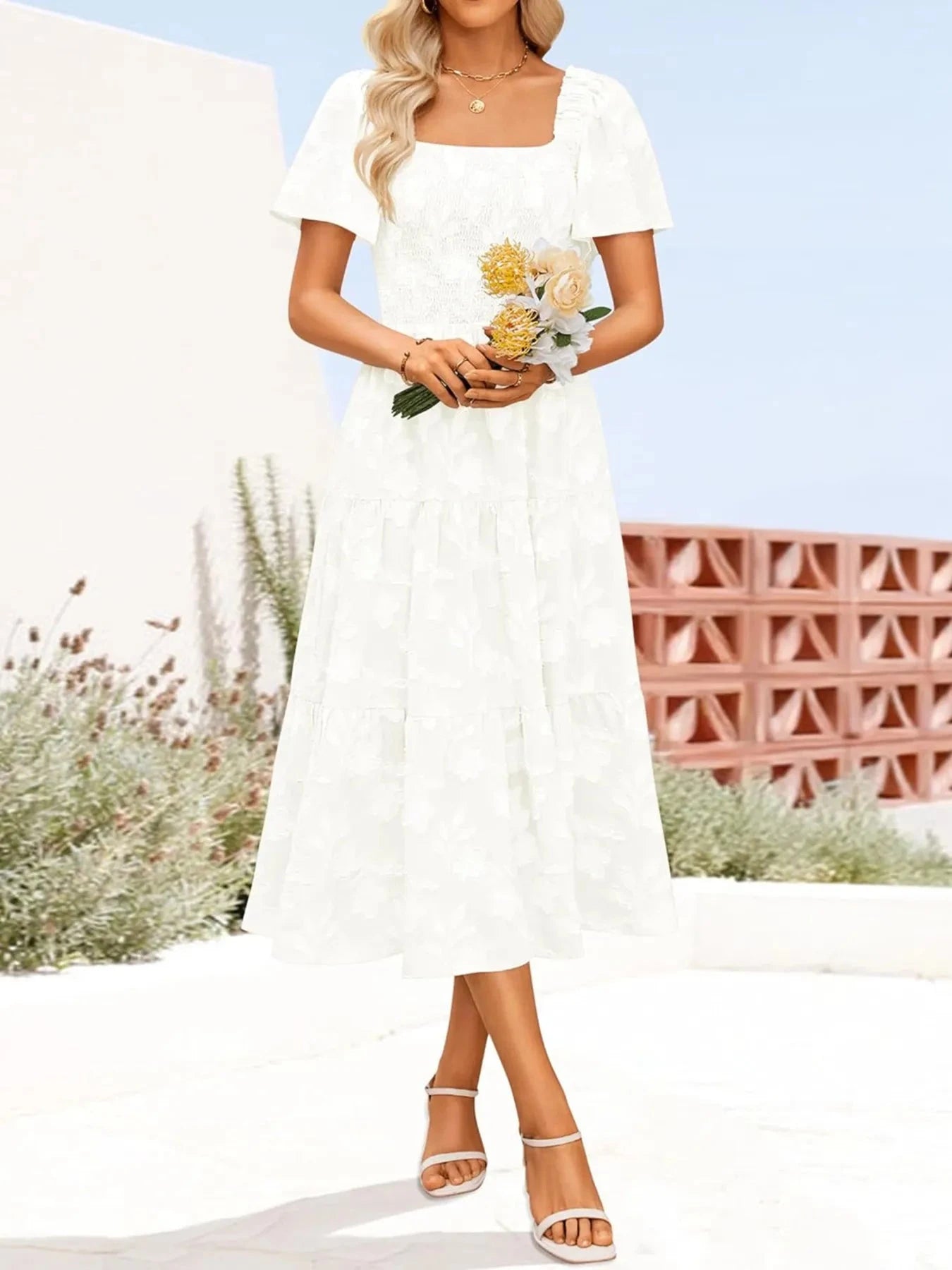 Smocked Square Neck Short Sleeve Dress