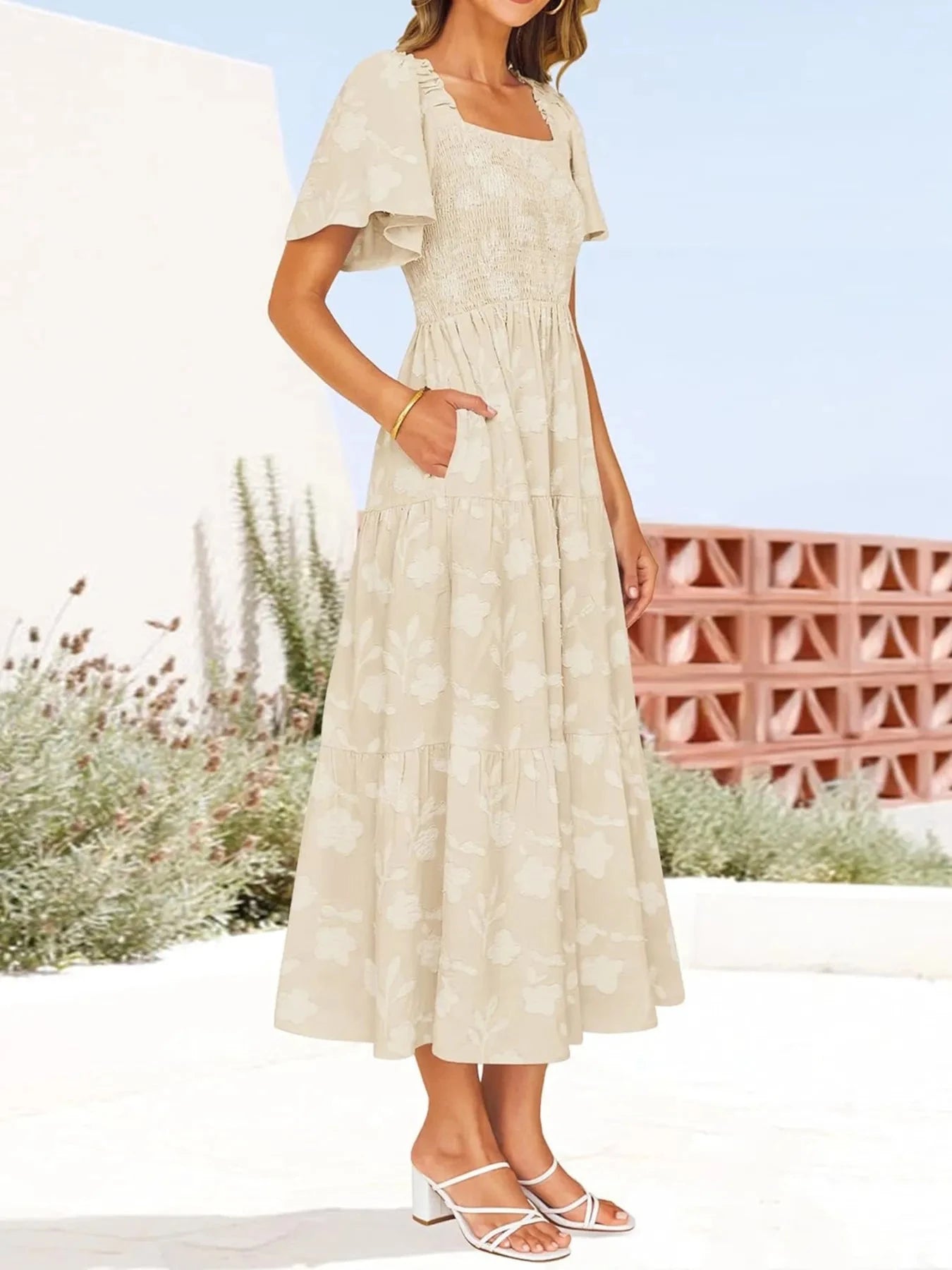 Smocked Square Neck Short Sleeve Dress