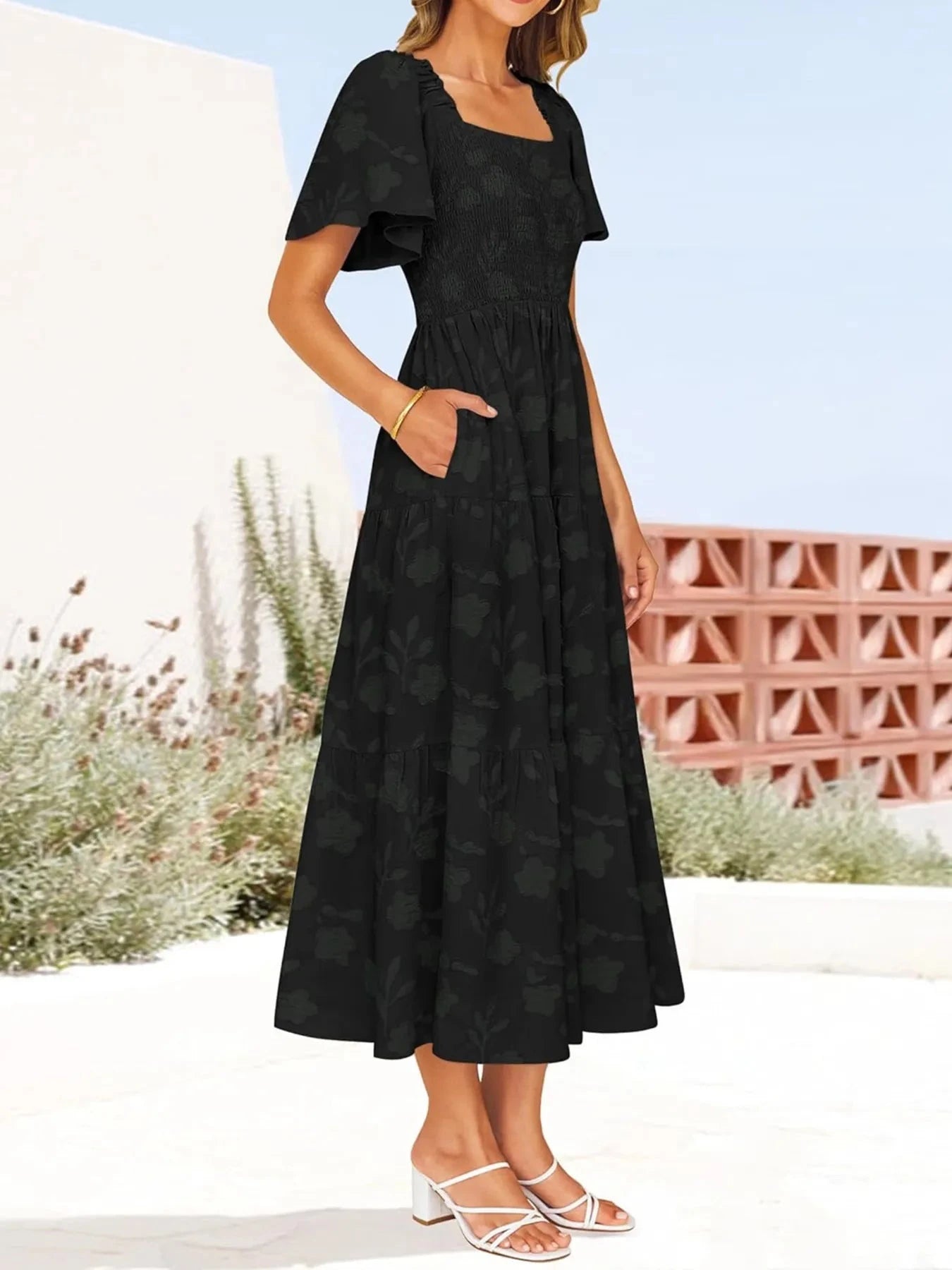 Smocked Square Neck Short Sleeve Dress