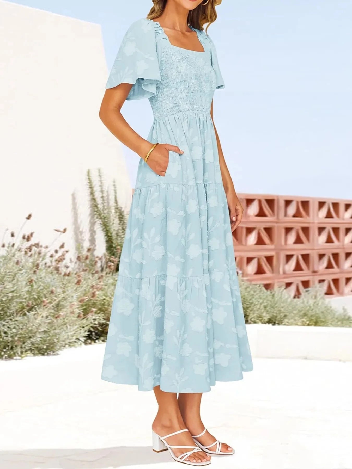 Smocked Square Neck Short Sleeve Dress