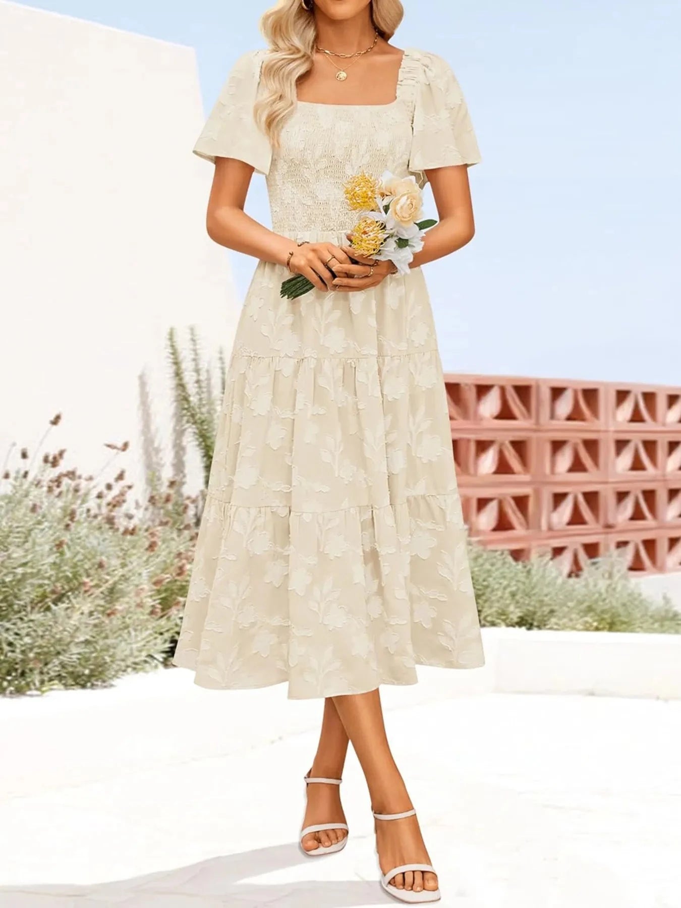 Smocked Square Neck Short Sleeve Dress