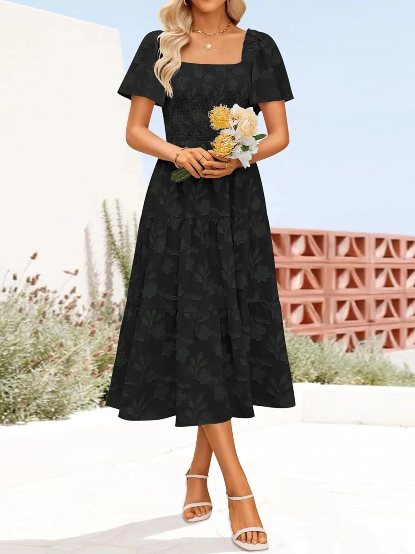 Smocked Square Neck Short Sleeve Dress Black / S