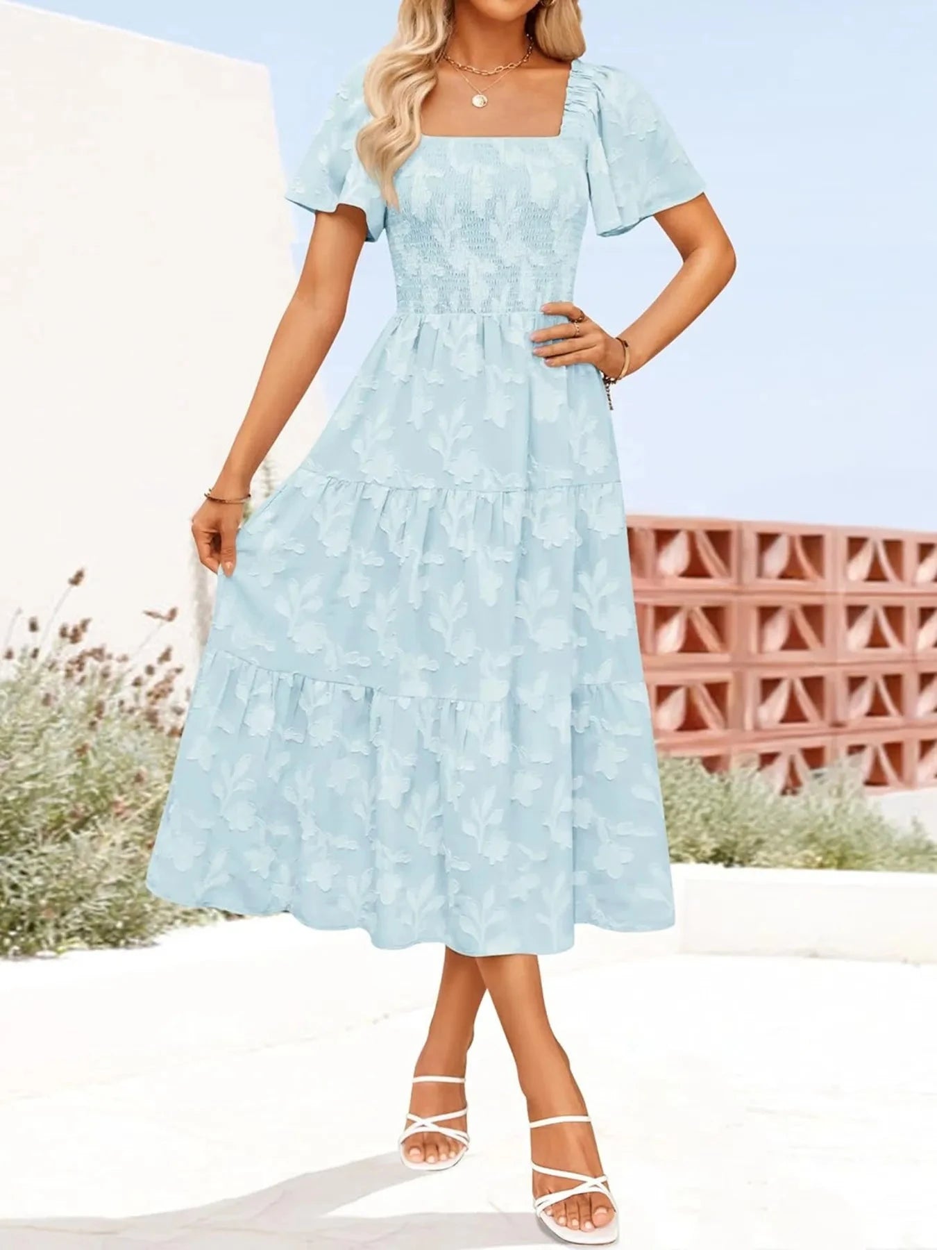 Smocked Square Neck Short Sleeve Dress Light Blue / S